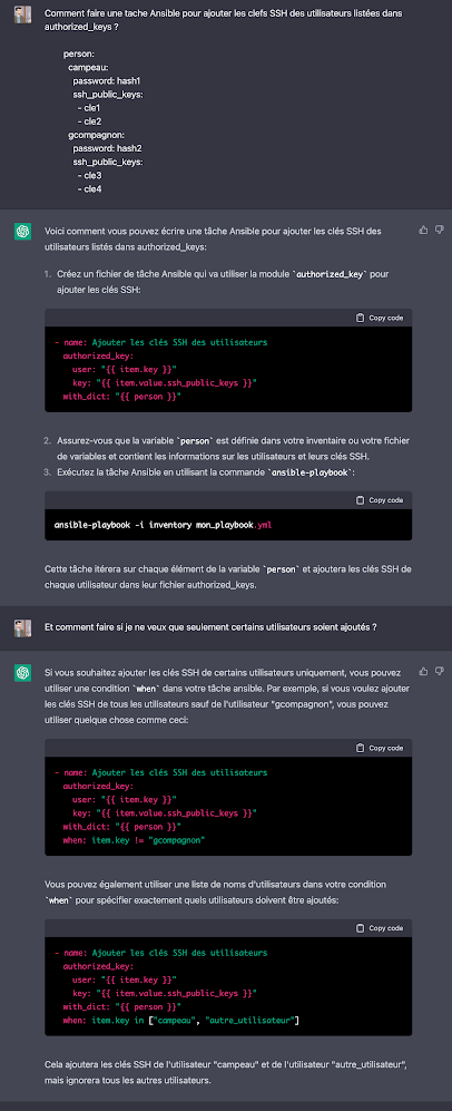 Requête demandée à CharGPT pour faire une tâche Ansible